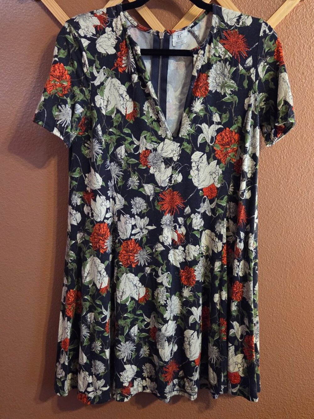 Zara TRF Dark Floral Botanical Fit & Flare Dress Rust Ivory Green